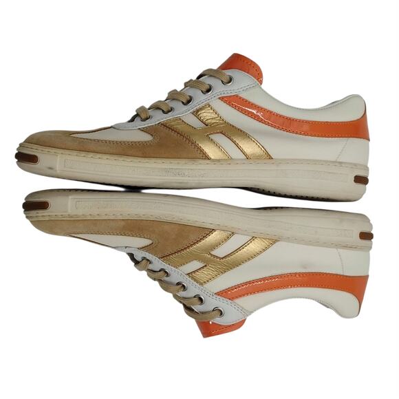 Hogan Womens Size 10 Logo Sneakers Trainers Orange Gold Tan Patent Leather Suede - Picture 7 of 11
